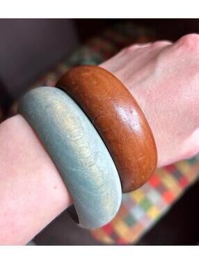 Vintage Wooden Bangle Bracelet Set Carved Boho
